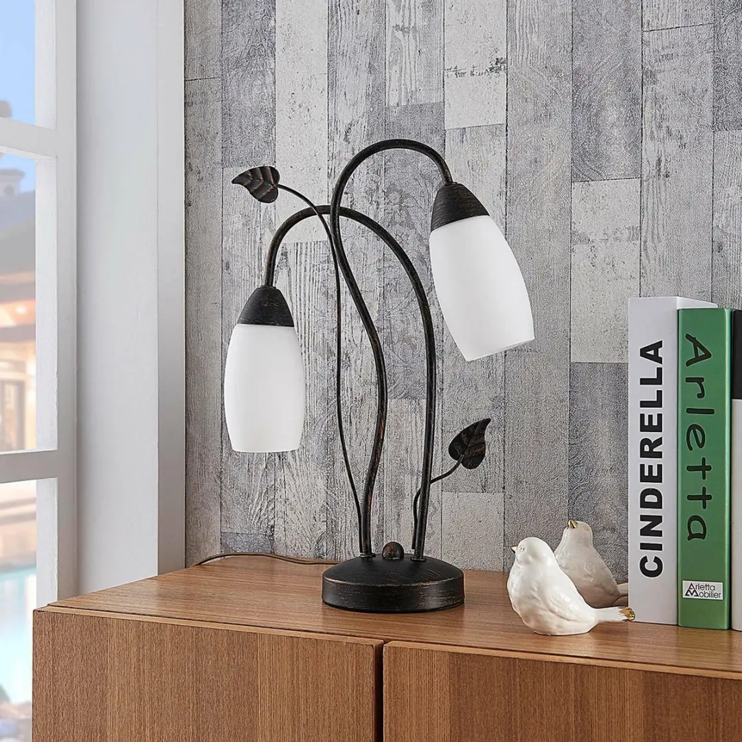 Lindby Tafellamp 2-lichts Glas Metaal 40cm - Wit/Geborsteld Zwartgoud