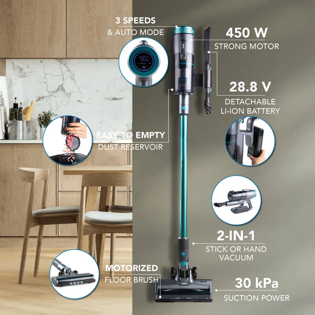 DOMO DO252SV Steelstofzuiger SmartSense - Stofzuiger Zonder Zak Draadloos - Kruimelzuiger - BLDC motor - 30kPa Power