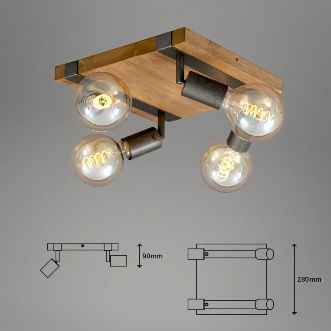 Briloner WOOD BASIC Plafondlamp - 4xE27 - Hout/Zwart