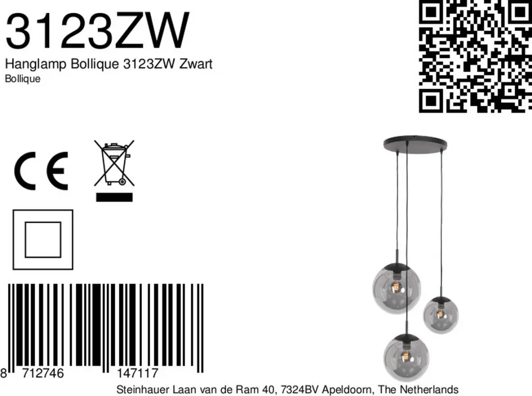 Steinhauer Bollique New 3123ZW Hanglamp - 3 Lichtpunten - Zwart - afbeelding 6 van 6