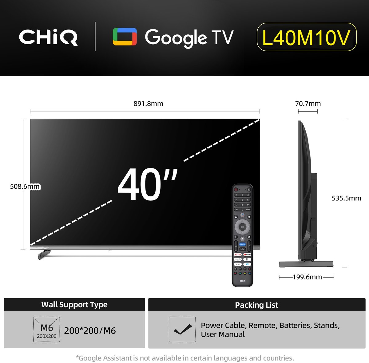 CHiQ L40M10V - Smart TV 40 Inch - LED Google TV - FHD 1080P - Randloos Metal Design - Dolby Audio - 2025 Nieuw