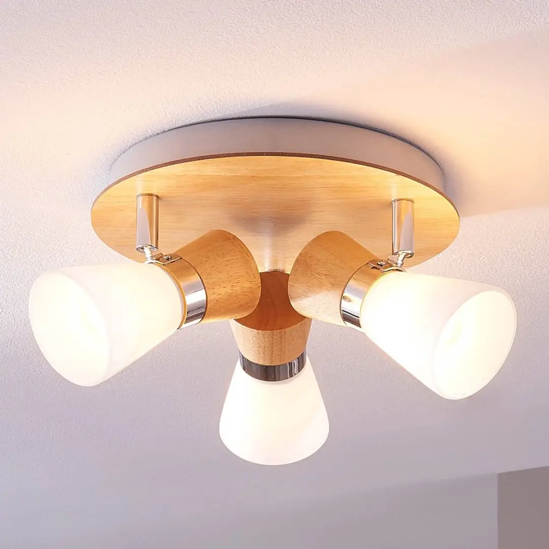 Lindby Plafondlamp Hout 3-Lichts - Ø26cm - Wit/Licht Hout/Chroom
