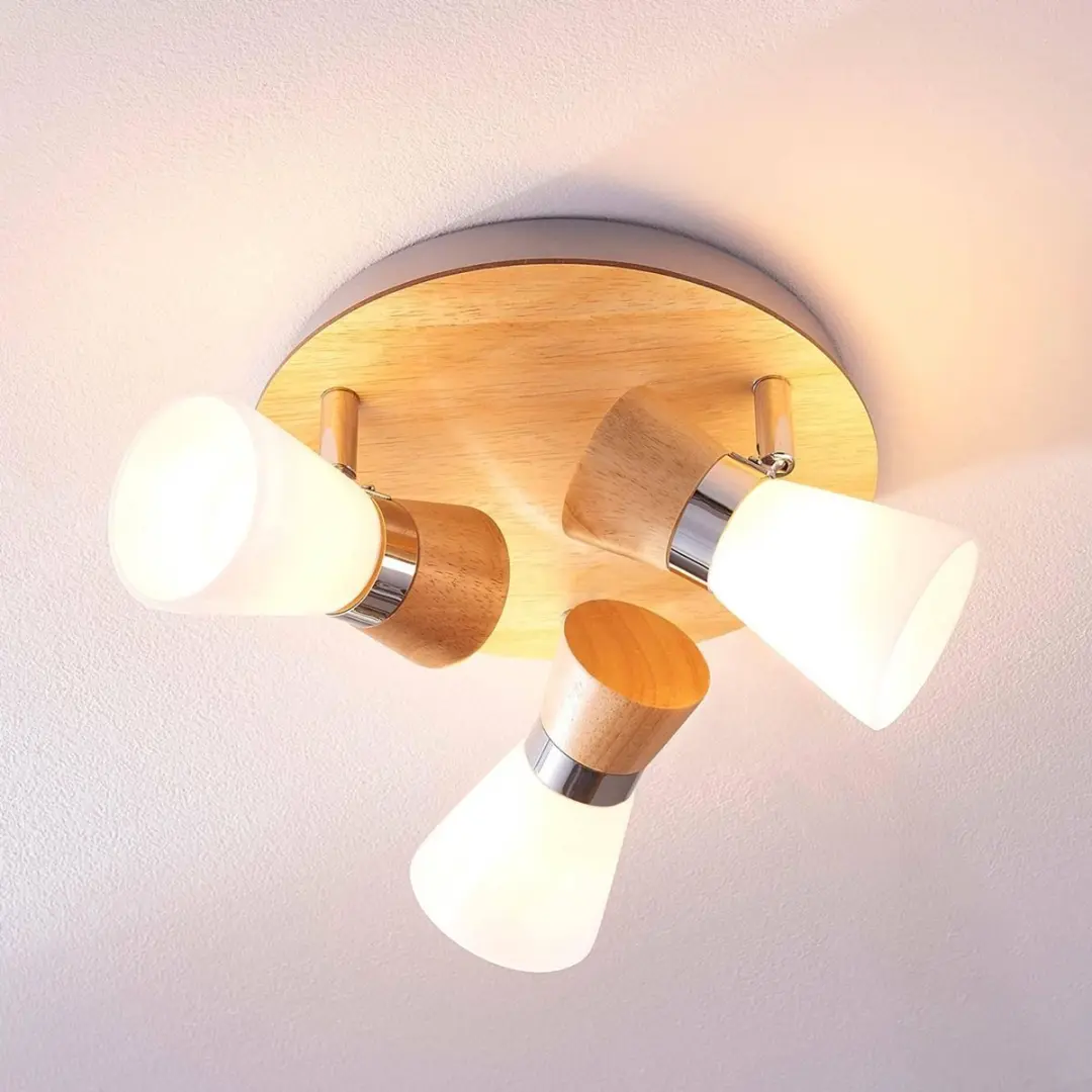 Lindby Plafondlamp Hout 3-Lichts - Ø26cm - Wit/Licht Hout/Chroom