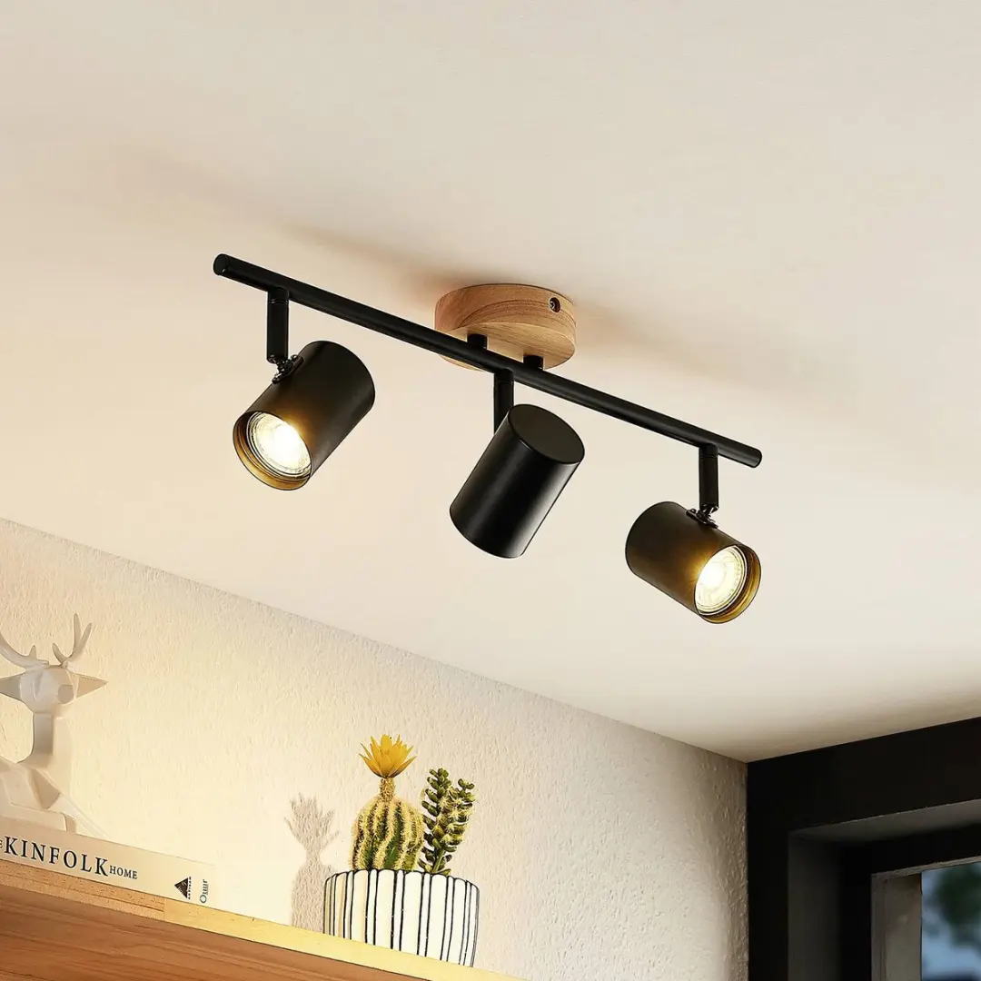 Lindby Plafondlamp 3-lichts GU10 - Zwart/Licht hout