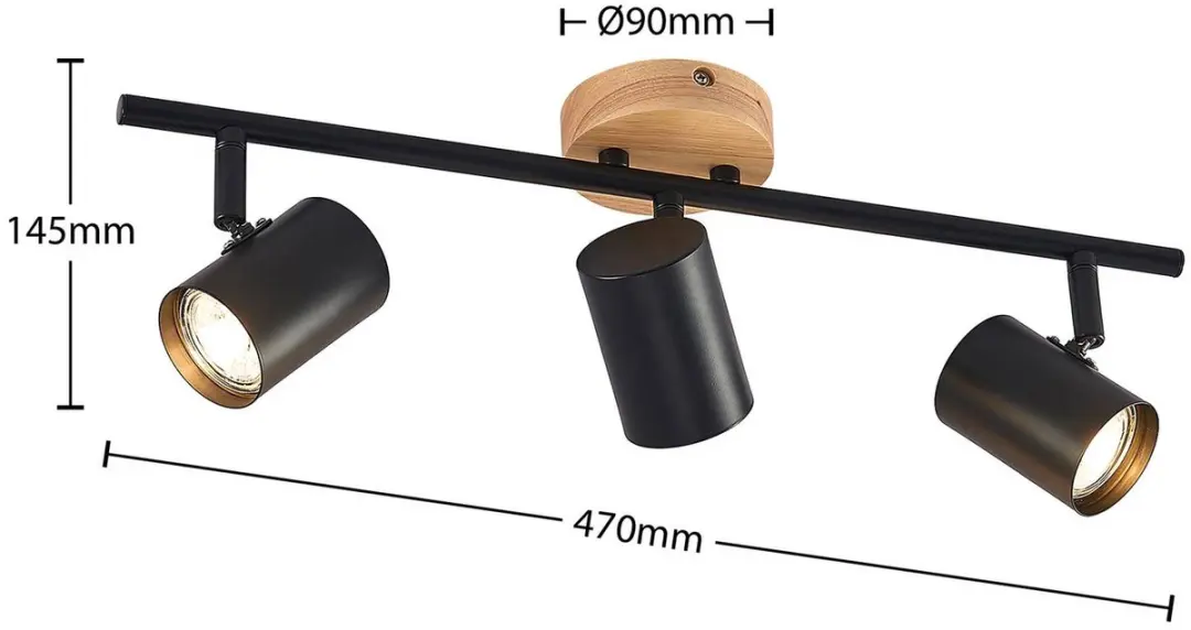 Lindby Plafondlamp 3-lichts GU10 - Zwart/Licht hout - afbeelding 6 van 6