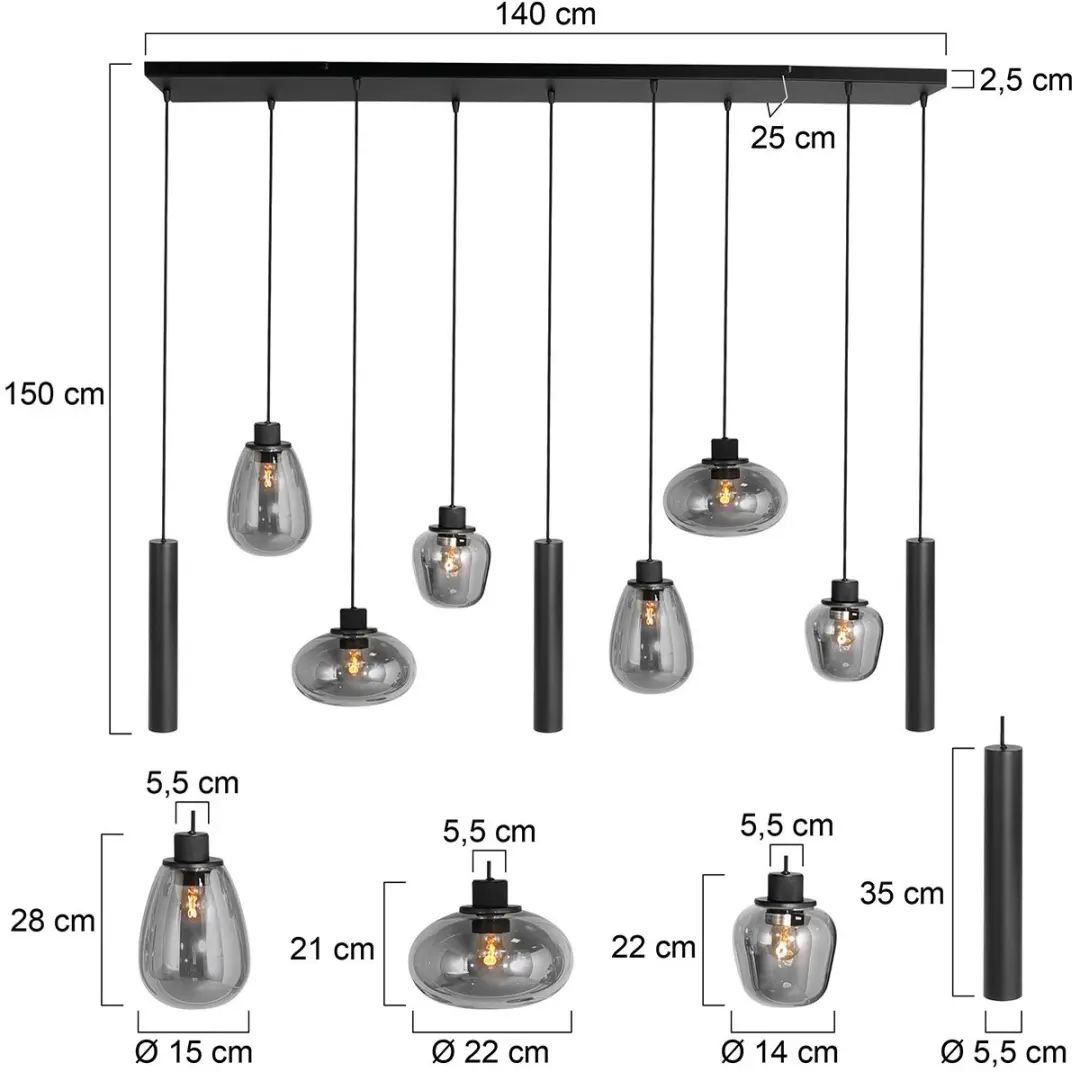 Steinhauer Hanglamp Reflexion 3796ZW - 9 Lichtpunten - Zwart - afbeelding 6 van 6