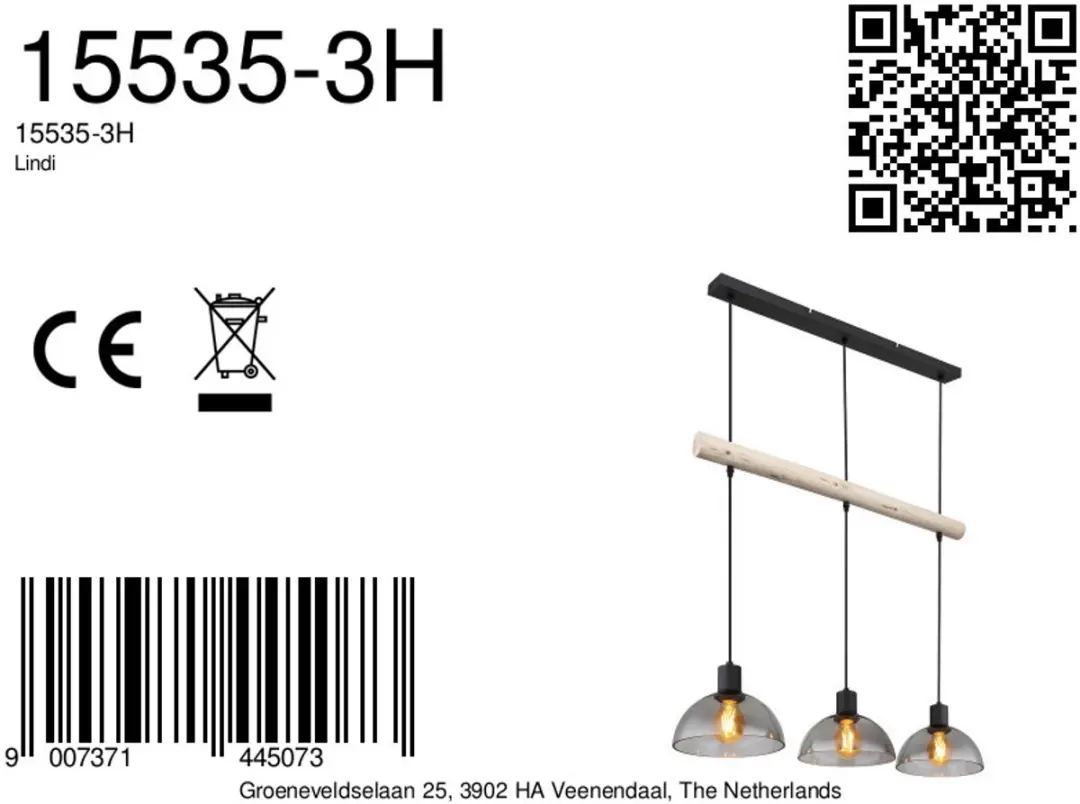 Globo Lindi Hanglamp - 3 Lichtpunten - Ø20cm - Zwart - afbeelding 6 van 6