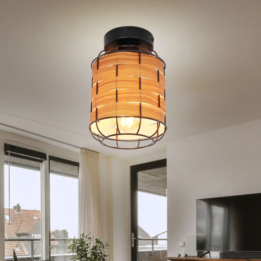 Globo Plafondlamp E27 Metaal Zwart Houtlook - 15x22cm - 2 Stuks