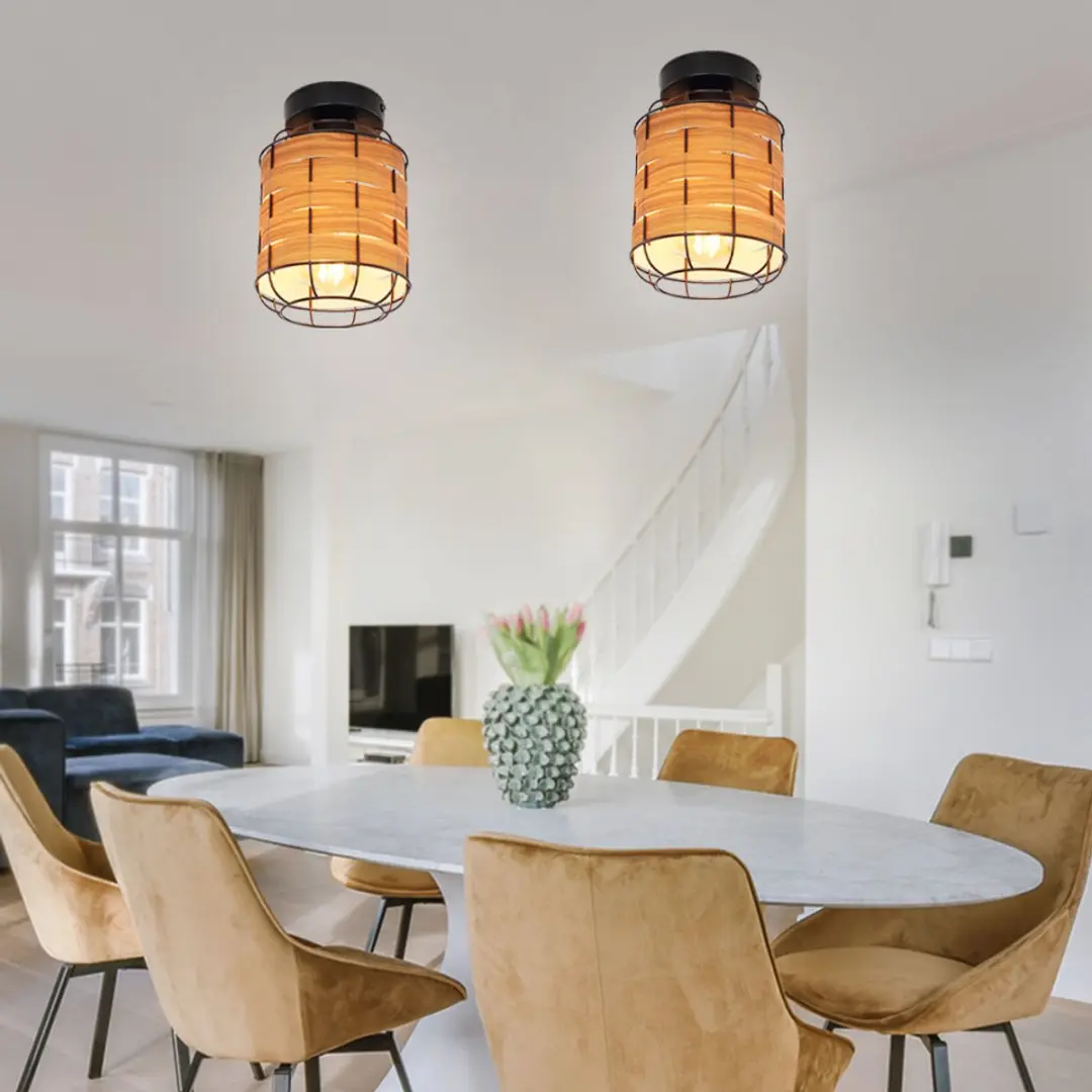 Globo Plafondlamp E27 Metaal Zwart Houtlook - 15x22cm - 2 Stuks
