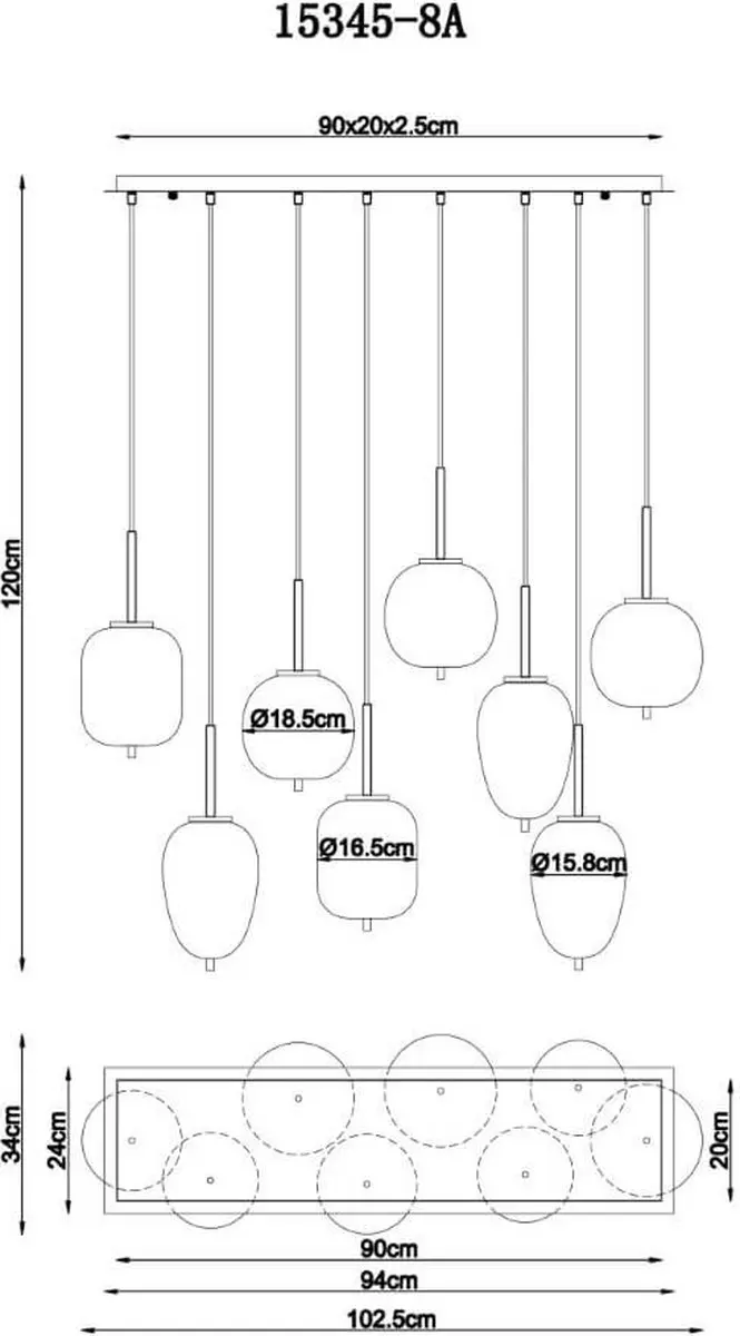 Globo Blacky Hanglamp 8x E14 - Zwart - afbeelding 3 van 6