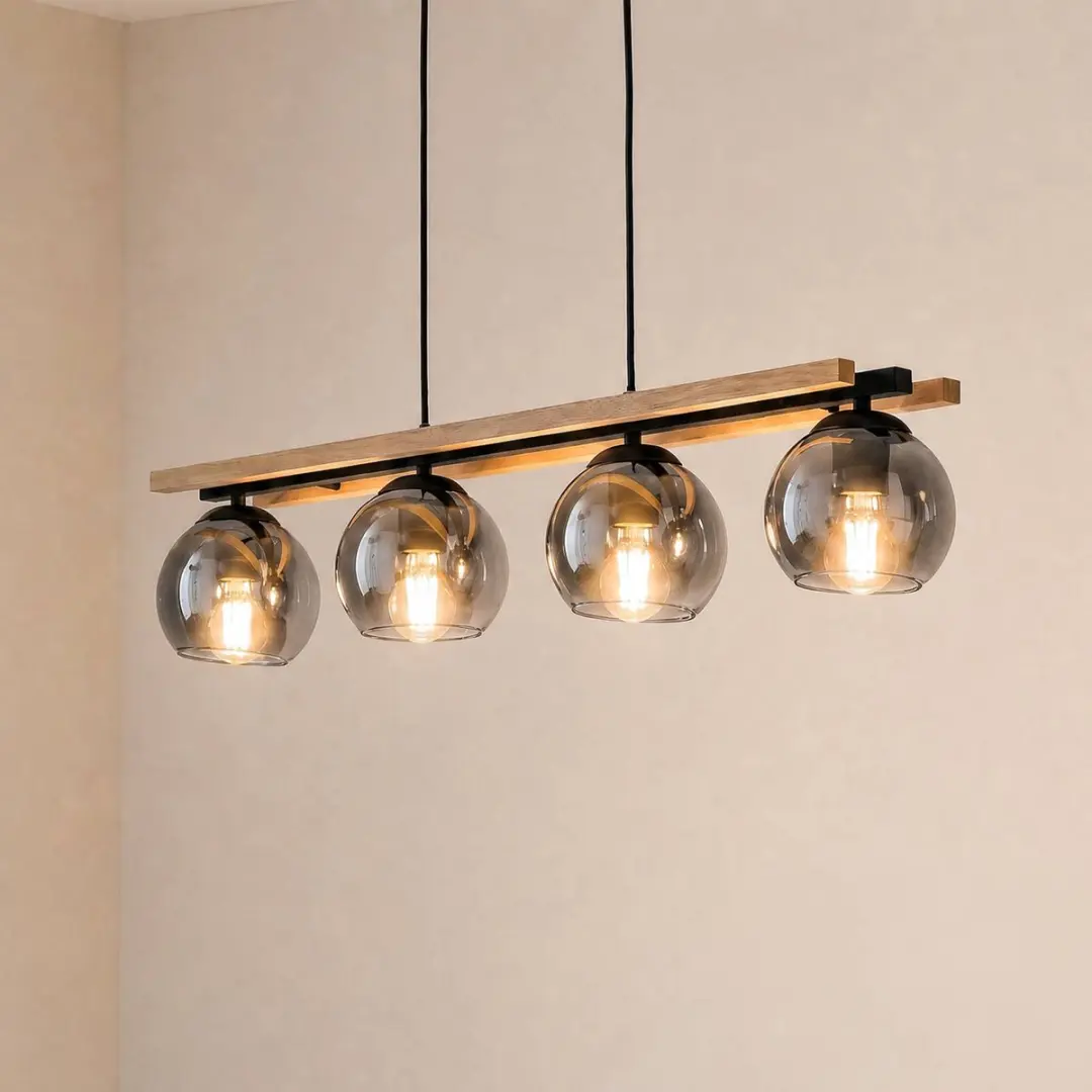 Lindby Hanglamp 4-lichts Glas/Hout/Staal - 15W E27 - Rookgrijs/Licht eiken/Zwart