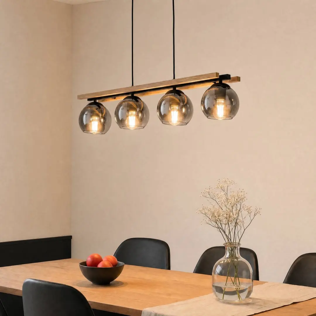Lindby Hanglamp 4-lichts Glas/Hout/Staal - 15W E27 - Rookgrijs/Licht eiken/Zwart