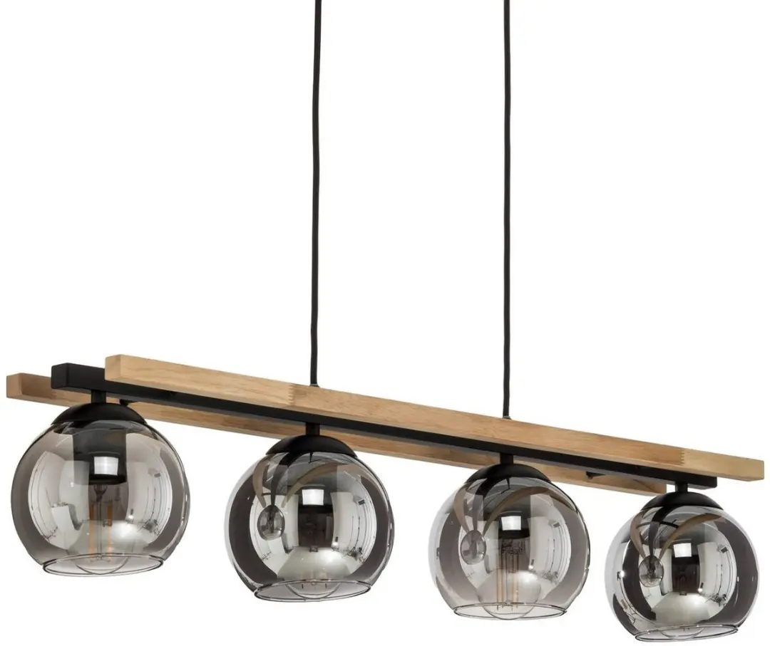 Lindby Hanglamp 4-lichts Glas/Hout/Staal - 15W E27 - Rookgrijs/Licht eiken/Zwart - afbeelding 6 van 6