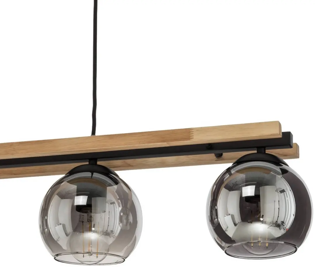 Lindby Hanglamp 4-lichts Glas/Hout/Staal - 15W E27 - Rookgrijs/Licht eiken/Zwart