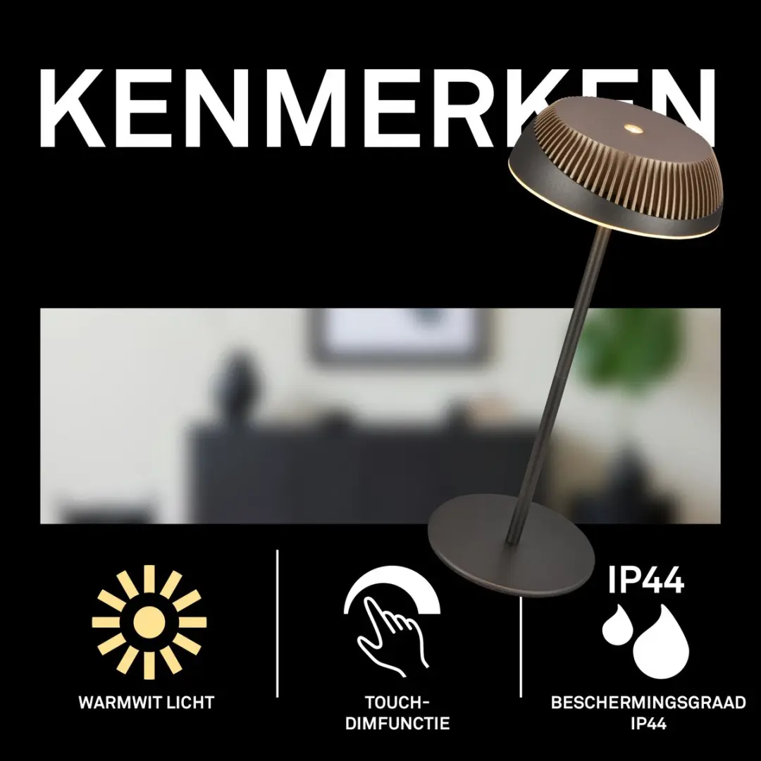 Briloner Alusta Oplaadbare Tafellamp - Ø14cm - Antraciet/Brons