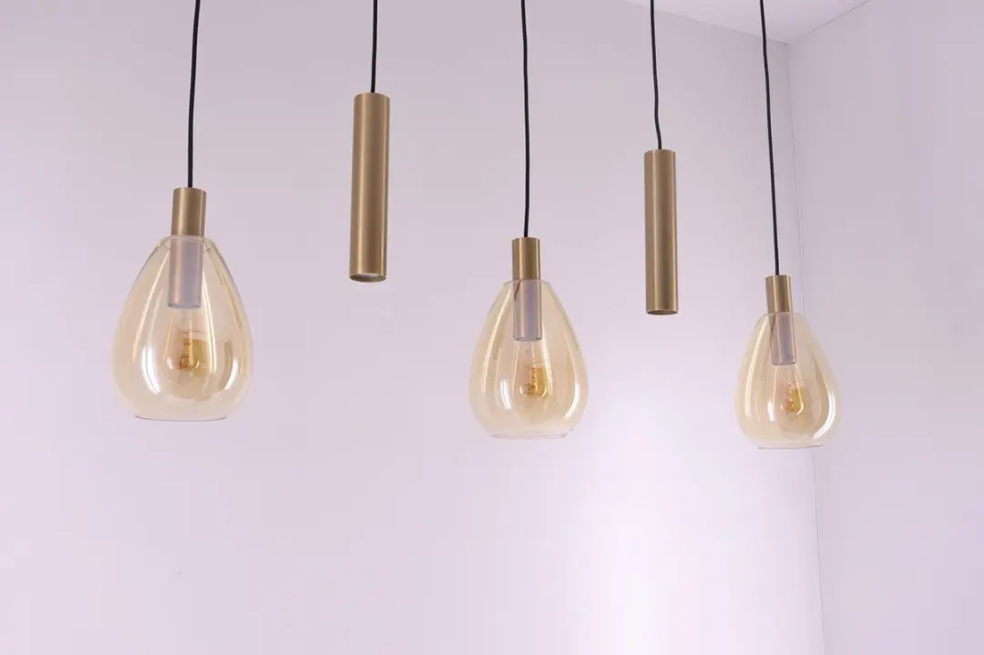 Freelight Hanglamp Amber Glas - 5 Lichtpunten - Zwart/Goud