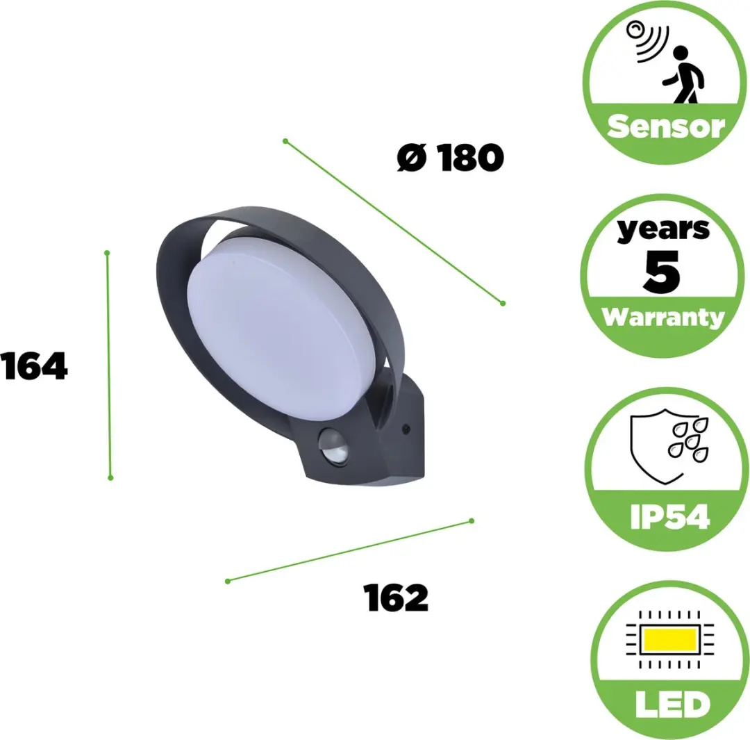 Lutec Polo LED Wandlamp Donkergrijs 1100Lm - PIR Sensor