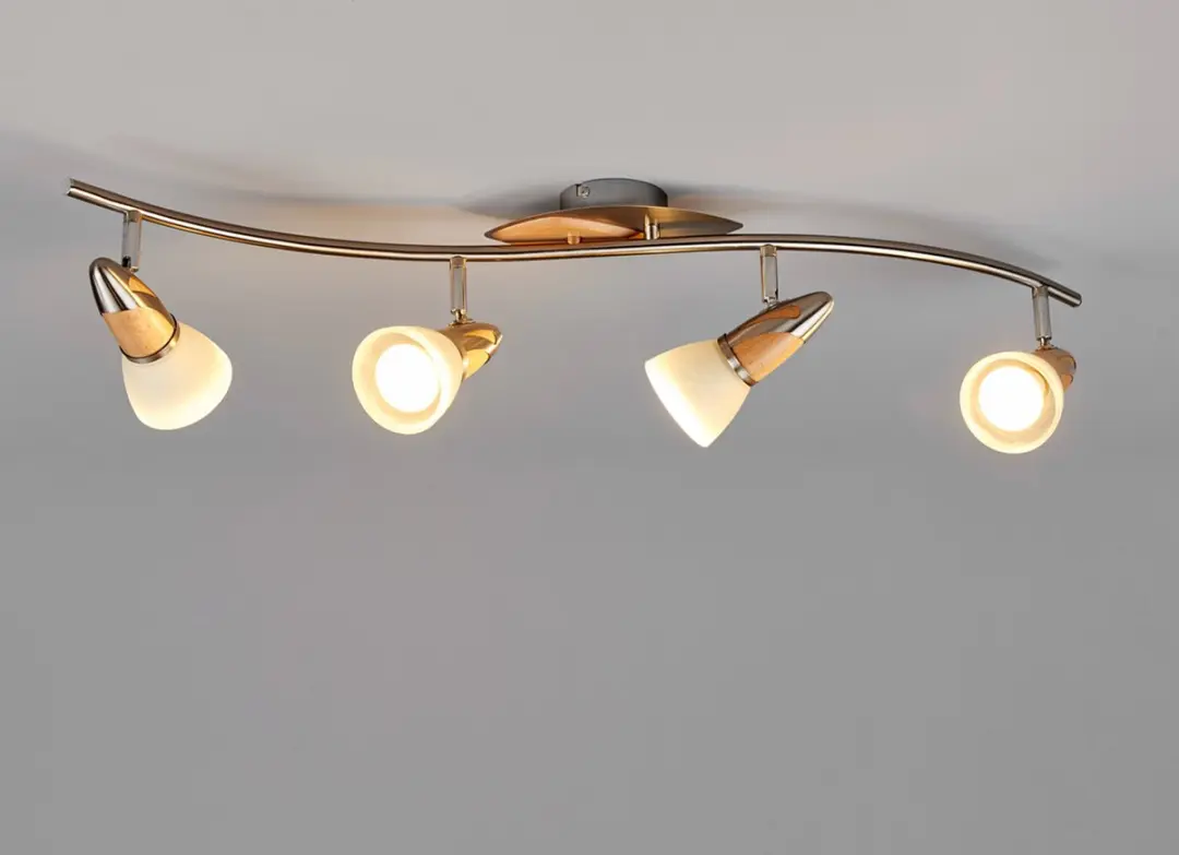 Lindby Plafondlamp 4 Lichtpunten Metaal/Hout/Glas - Nikkel/Wit - afbeelding 6 van 6