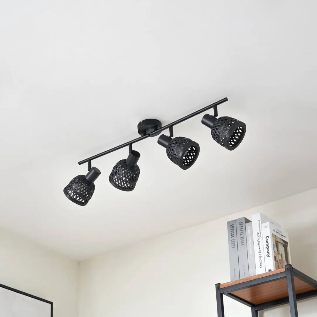 Lindby Plafondlamp Bamboe 4-Lichts - Ø10cm - Zwart