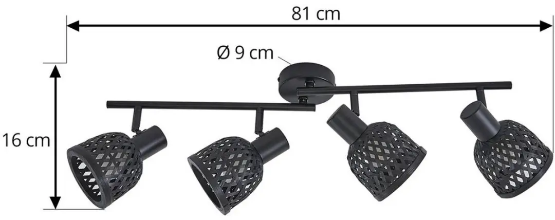 Lindby Plafondlamp Bamboe 4-Lichts - Ø10cm - Zwart