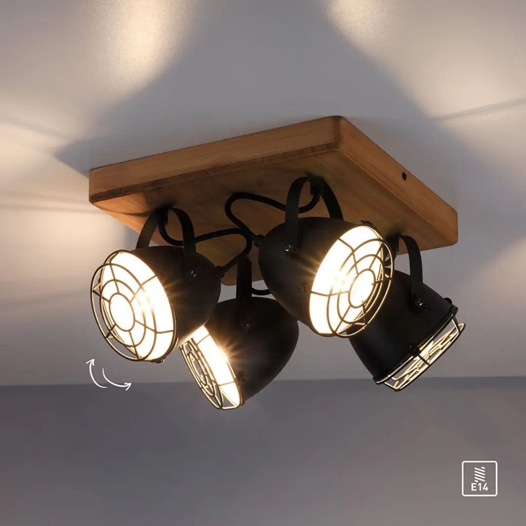 Just Light Plafondspot 4-lichts Zwart - 31x31cm