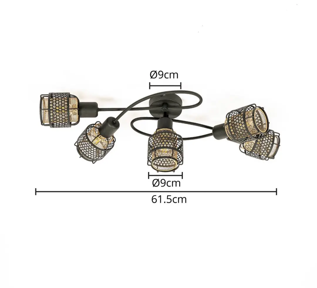 Lindby Plafondlamp 5x E14 - 20,5 cm - Zwart/Goud