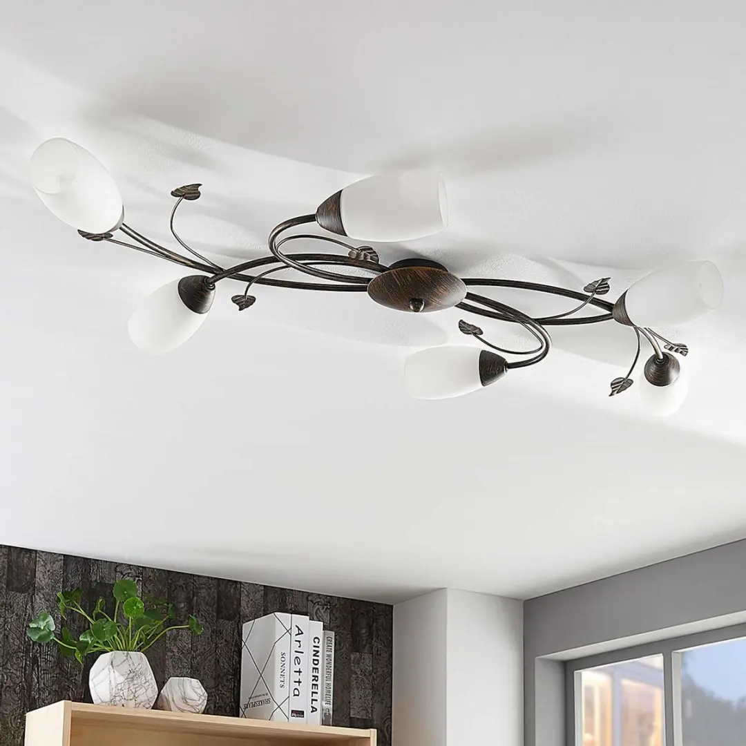 Lindby Plafondlamp 6-Lichts Glas Metaal - Wit/Zwartgoud