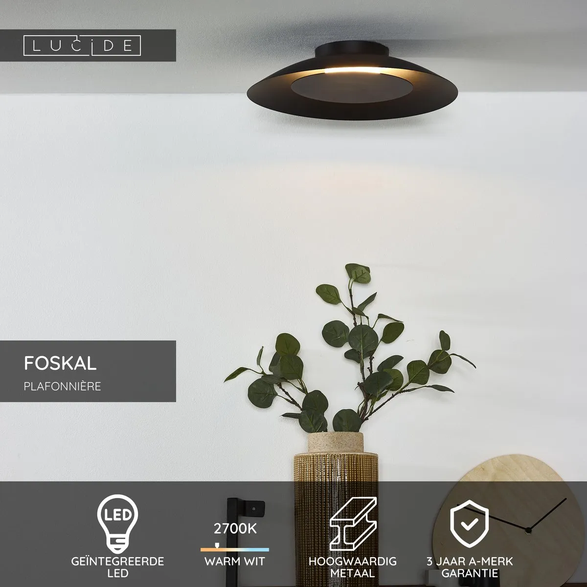 Lucide FOSKAL Plafondlamp - Ø34,5cm LED 12W 2700K Zwart