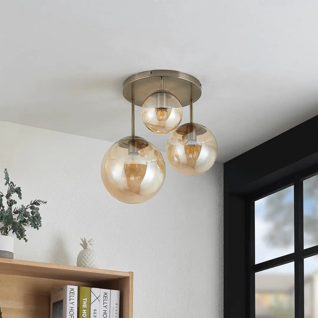 Lindby Plafondlamp 3-Lichts - Ø46,5cm - Amber/Oud Messing