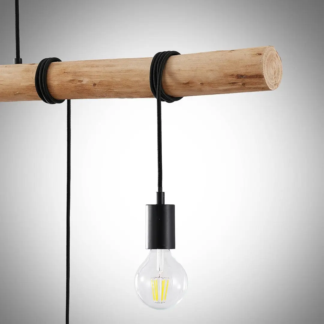 Lindby Hanglamp 5-lichts - IJzer/Hout/Touw - Matzwart/Licht Hout