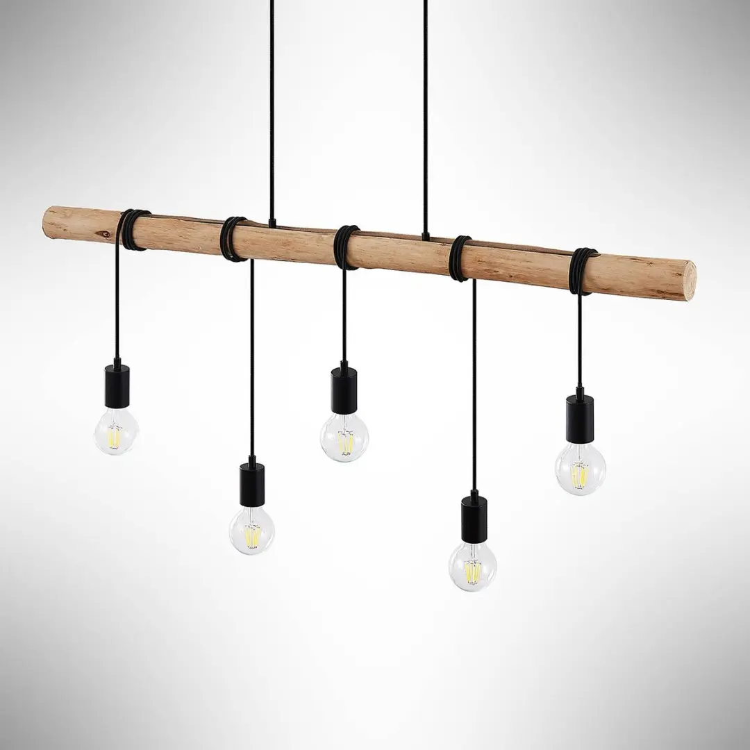 Lindby Hanglamp 5-lichts - IJzer/Hout/Touw - Matzwart/Licht Hout
