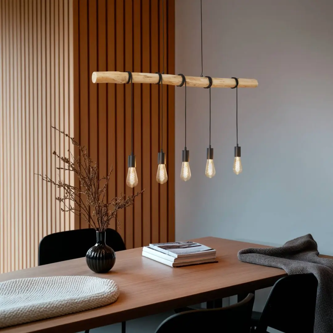Lindby Hanglamp 5-lichts - IJzer/Hout/Touw - Matzwart/Licht Hout
