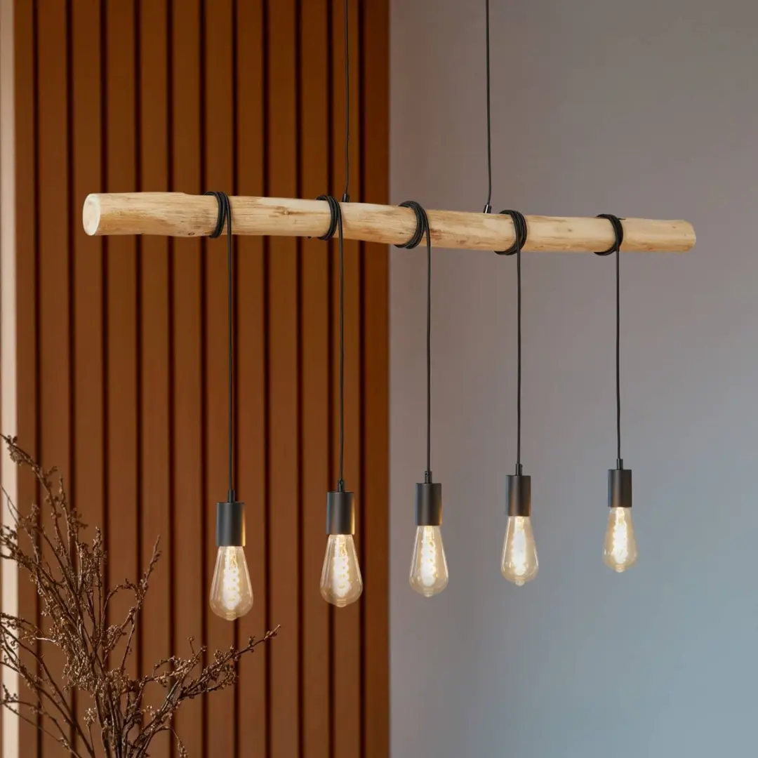 Lindby Hanglamp 5-lichts - IJzer/Hout/Touw - Matzwart/Licht Hout