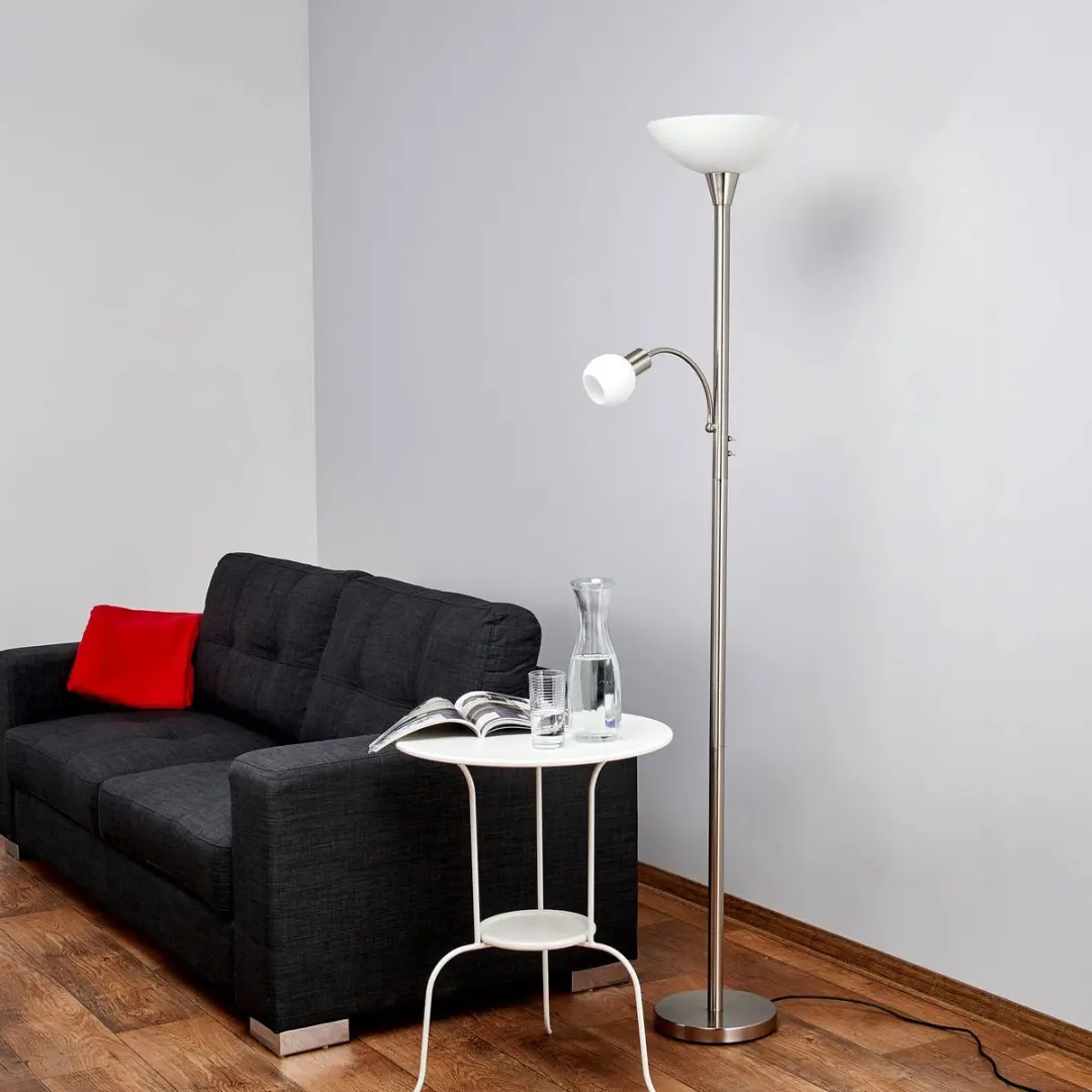 Lindby Vloerlamp 180cm - Metaal/Glas - E27 - Nikkel Mat/Wit Opaal