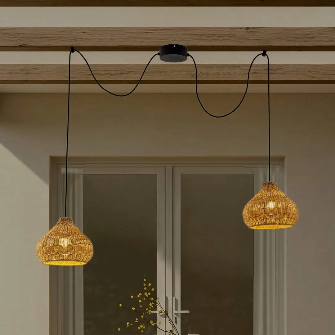 Lucande Hanglamp Buiten 2-Lichts Rotan - 30cm - E27 - Beige/Zwart - afbeelding 6 van 6