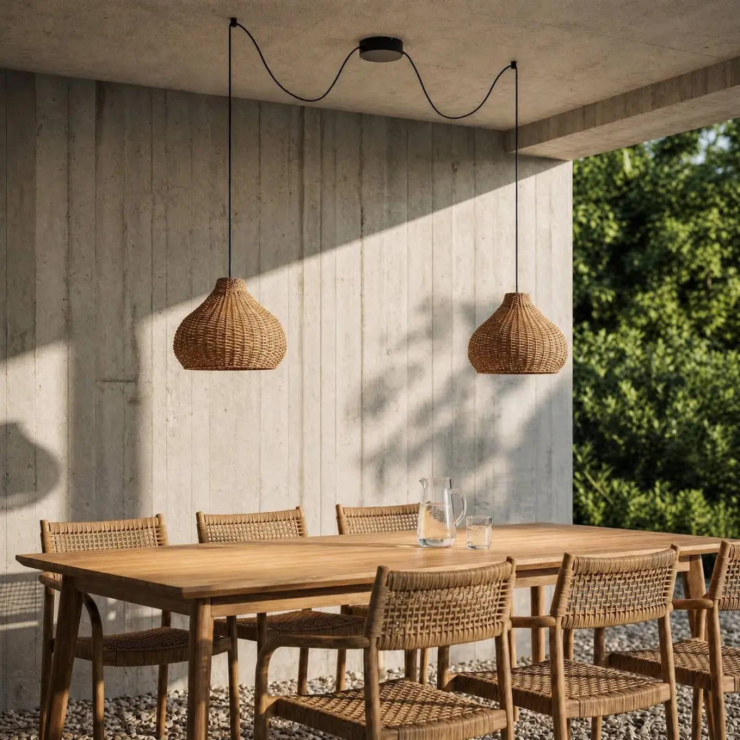 Lucande Hanglamp Buiten 2-Lichts Rotan - 30cm - E27 - Beige/Zwart