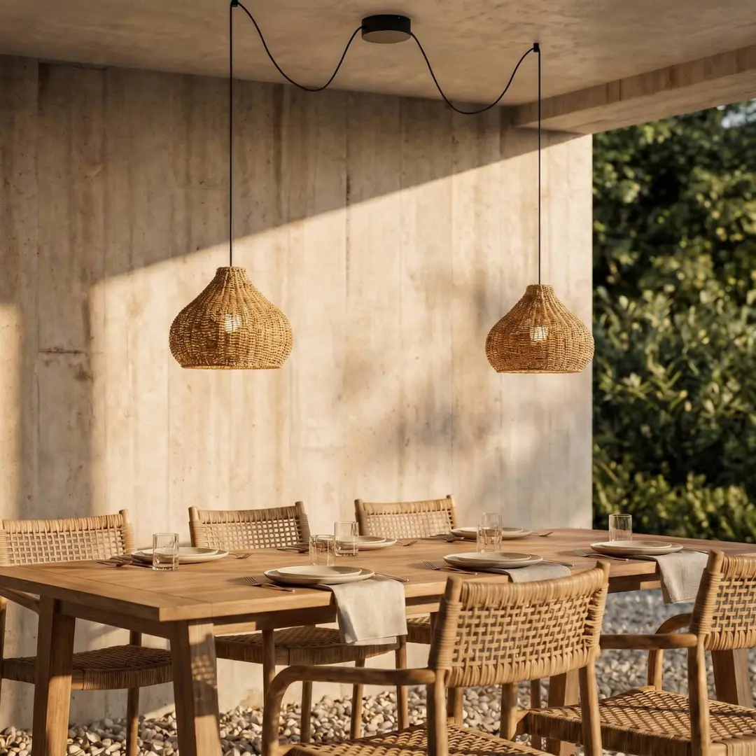 Lucande Hanglamp Buiten 2-Lichts Rotan - 30cm - E27 - Beige/Zwart