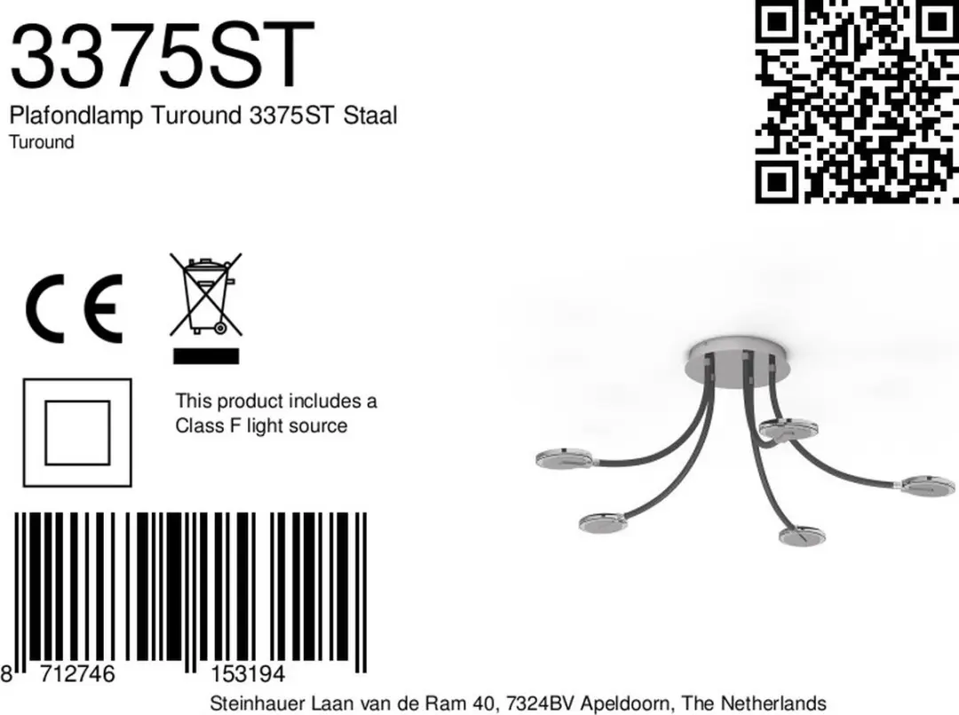 Steinhauer Turound 3375ST Plafondlamp - 5 Lichtpunten 91,5cm Zilver