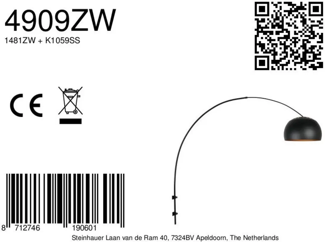 Steinhauer Wandlamp Globe Black 4909ZW - Ø40cm - Zwart/Goud - afbeelding 6 van 6