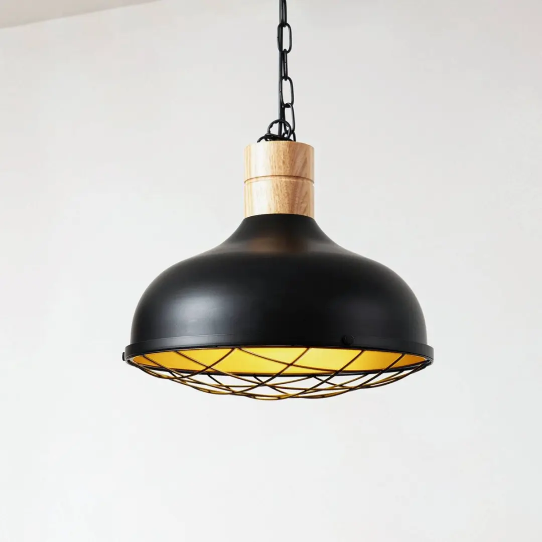 Lindby Hanglamp IJzer/Rubberboom 1 Lichtpunt - 41,5cm - E27 - Zwart/Licht Hout