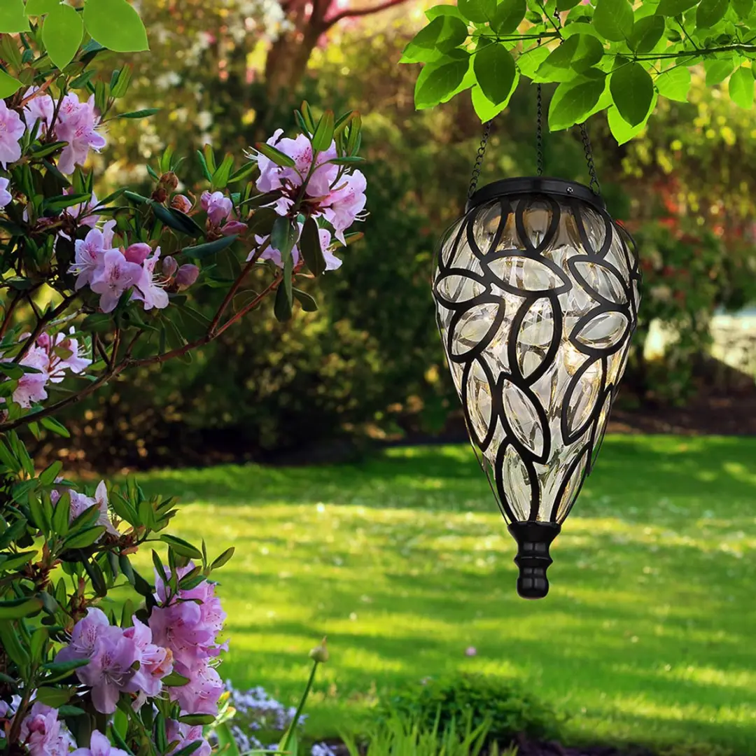 Globo Solarlamp Tuindecoratie Hanglamp - 16x LED Warm Wit - 13,5x50cm - Zwart - 2 Stuks