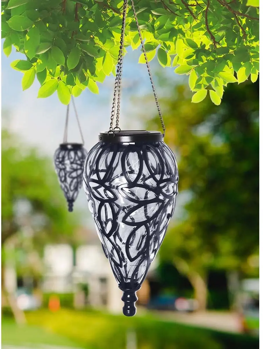 Globo Solarlamp Tuindecoratie Hanglamp - 16x LED Warm Wit - 13,5x50cm - Zwart - 2 Stuks