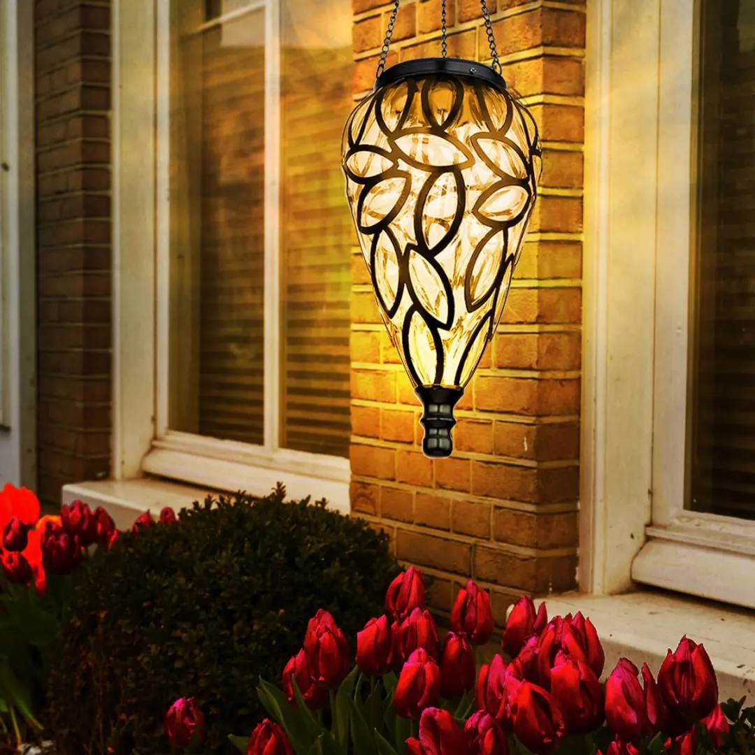 Globo Solarlamp Tuindecoratie Hanglamp - 16x LED Warm Wit - 13,5x50cm - Zwart - 2 Stuks - afbeelding 6 van 6