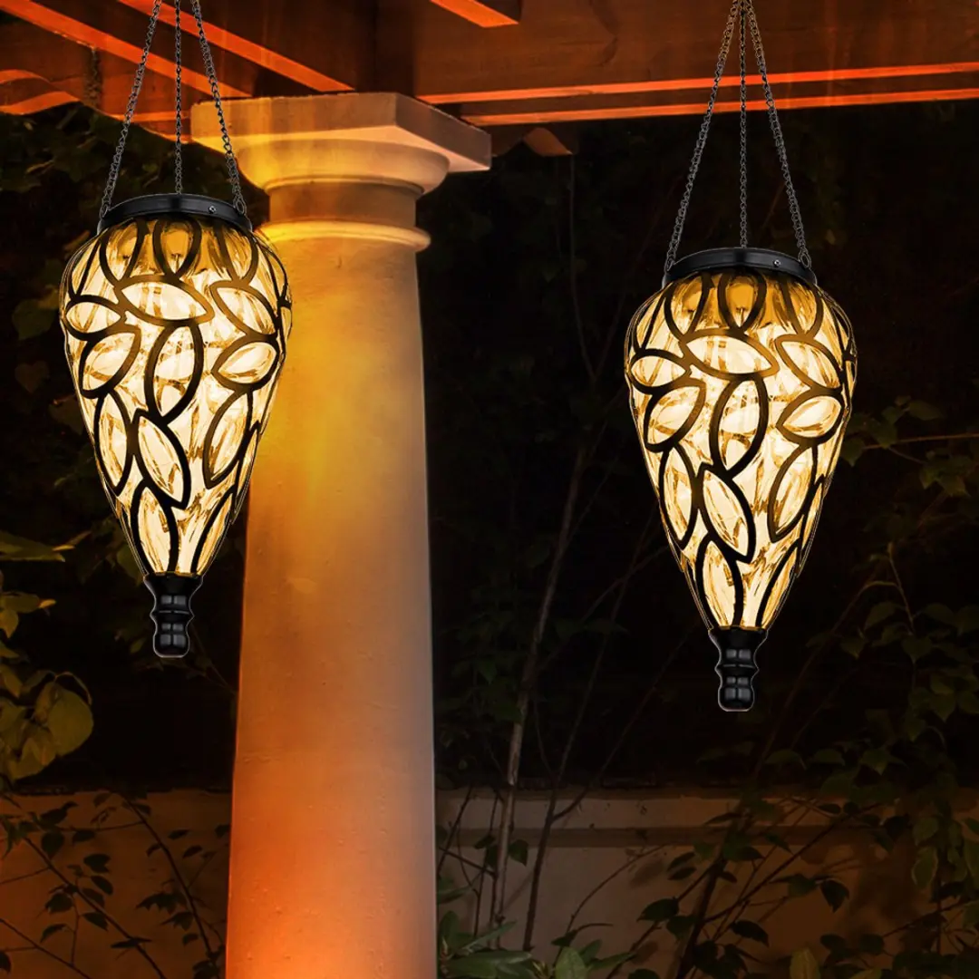 Globo Solarlamp Tuindecoratie Hanglamp - 16x LED Warm Wit - 13,5x50cm - Zwart - 2 Stuks