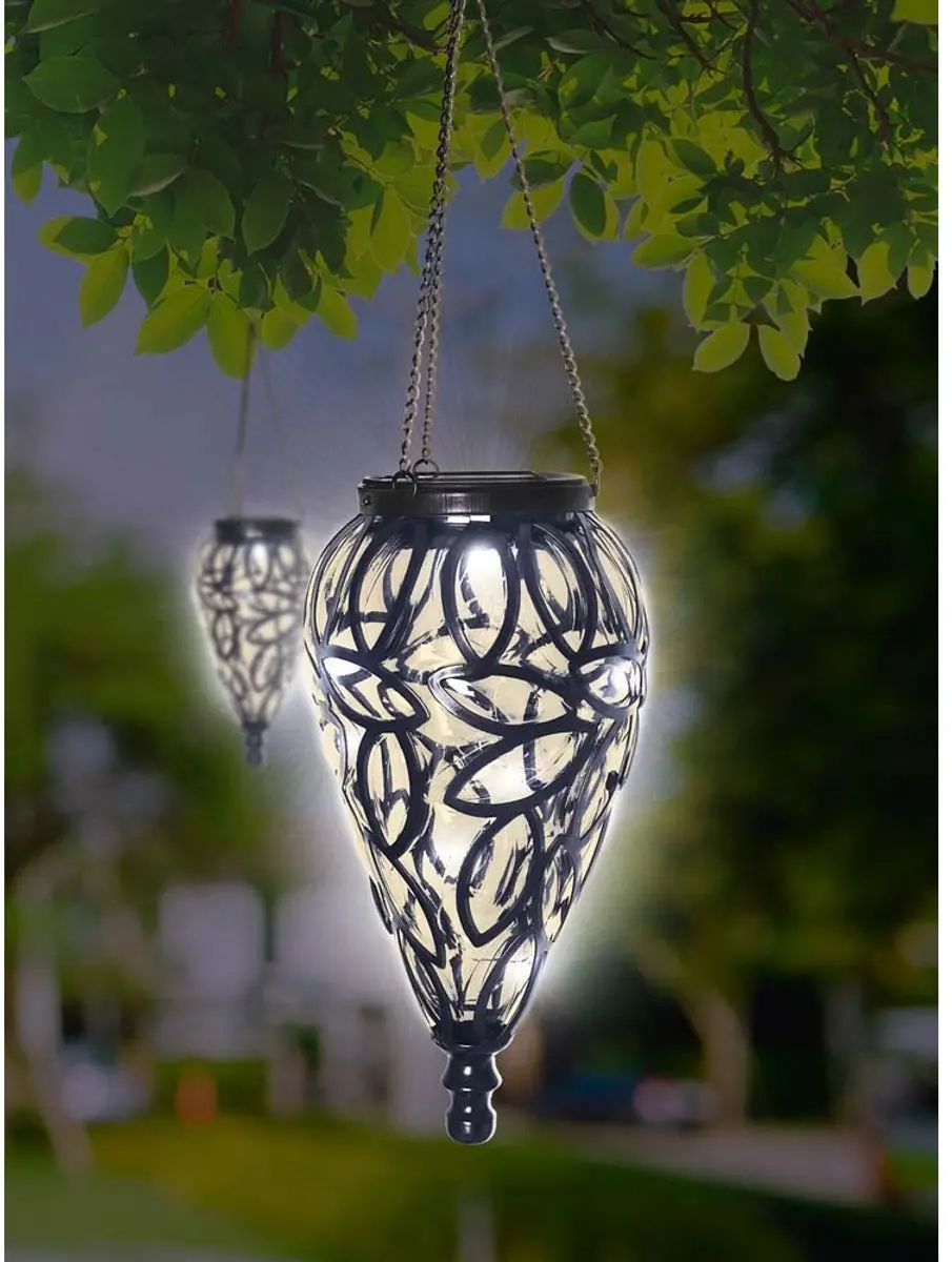 Globo Solarlamp Tuindecoratie Hanglamp - 16x LED Warm Wit - 13,5x50cm - Zwart - 2 Stuks