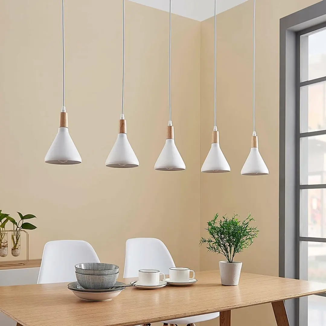 Lindby Hanglamp 5-licht Metaal Hout - E14 - Wit/Licht Hout
