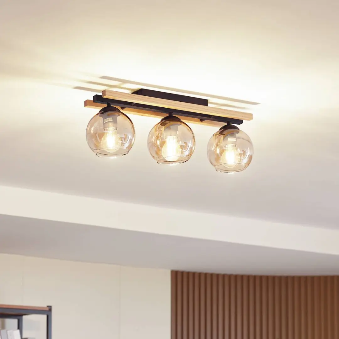 Lindby Plafondlamp Hout 3-Lichts - E27 - Licht hout/amber/zwart