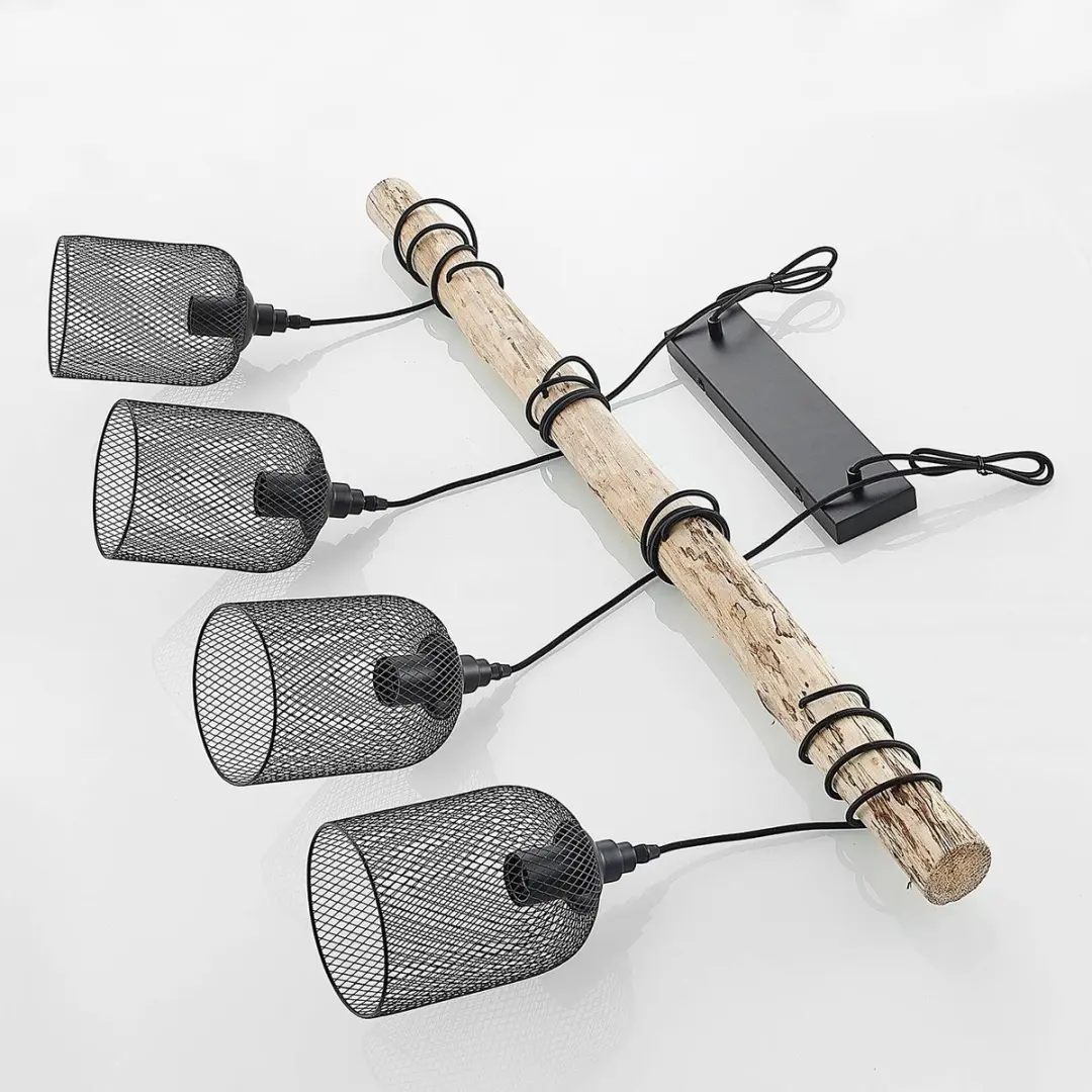 Lindby Hanglamp 4-lichts Metaal Hout - E27 - Matzwart/Licht hout