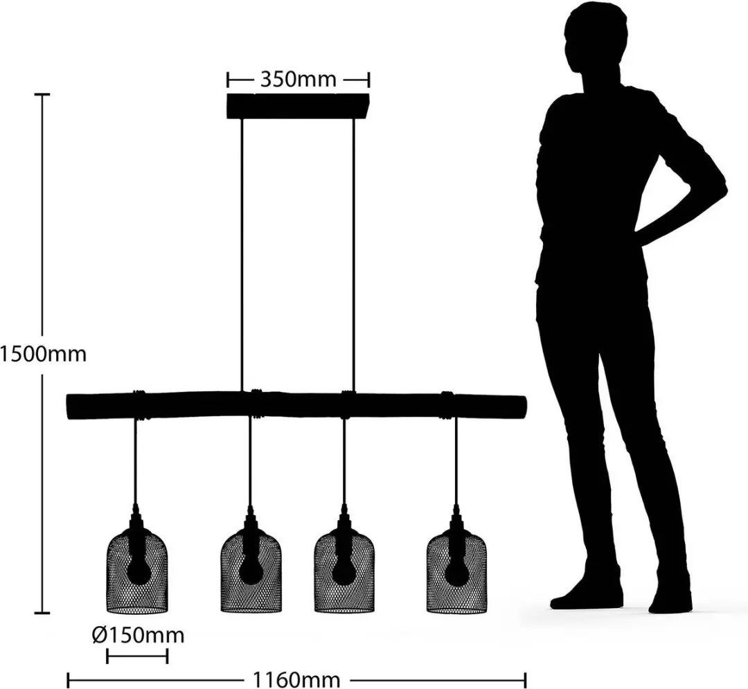 Lindby Hanglamp 4-lichts Metaal Hout - E27 - Matzwart/Licht hout