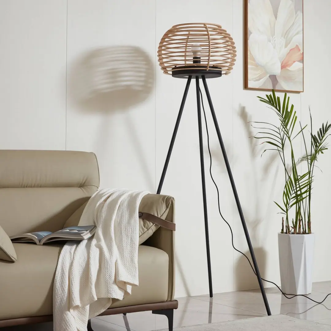 Lindby Vloerlamp 1 Licht E27 - 159cm - Zwart/Licht Hout